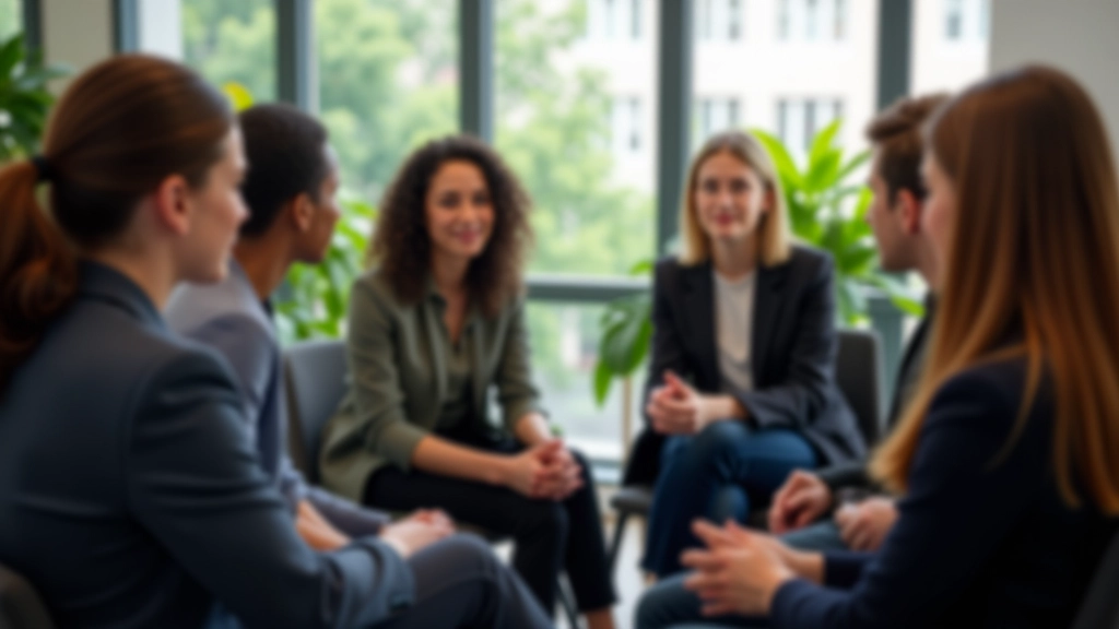 Mitglieder eines Teams sitzen zusammen und hören aktiv zu, mit offener Körpersprache und konzentriertem Ausdruck