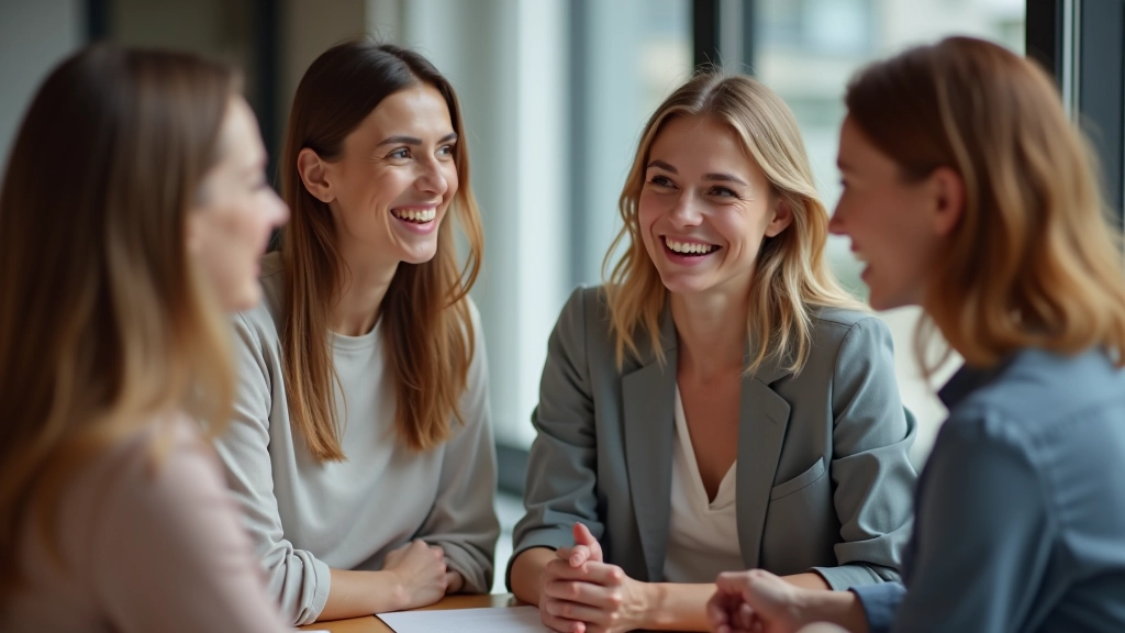 Diverse Gruppe von Mitarbeitern im Gespräch, alle engagiert und entspannt, positive Atmosphäre