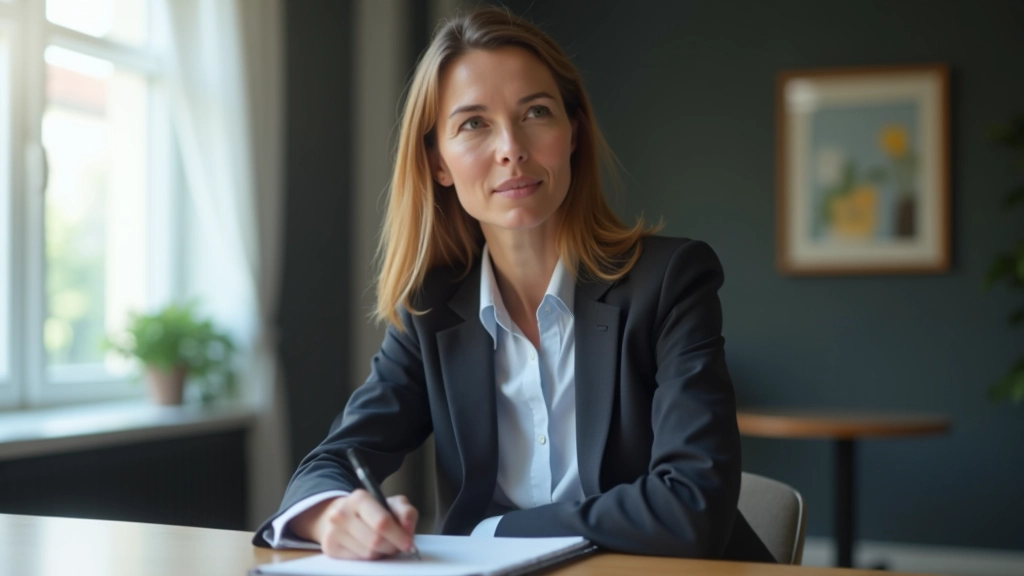 Führungskraft sitzt nachdenklich am Schreibtisch mit Notizbuch und Stift