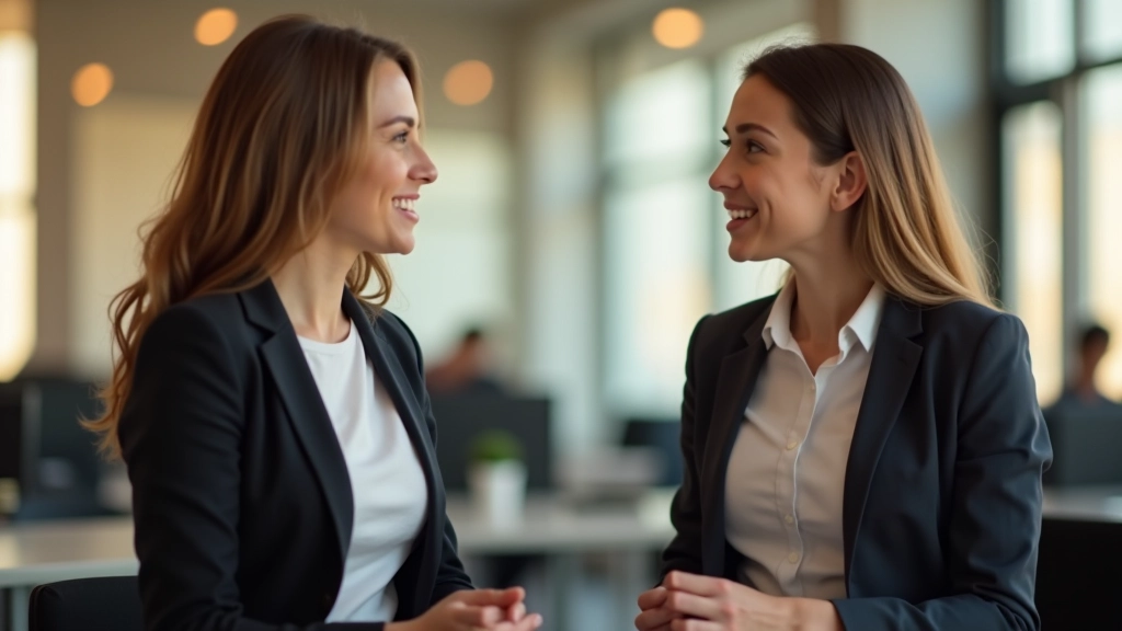 Zwei Fachkräfte in konstruktivem Gespräch, leichte Körpersprache, offene Haltung, modernes Büroumfeld mit warmem Licht