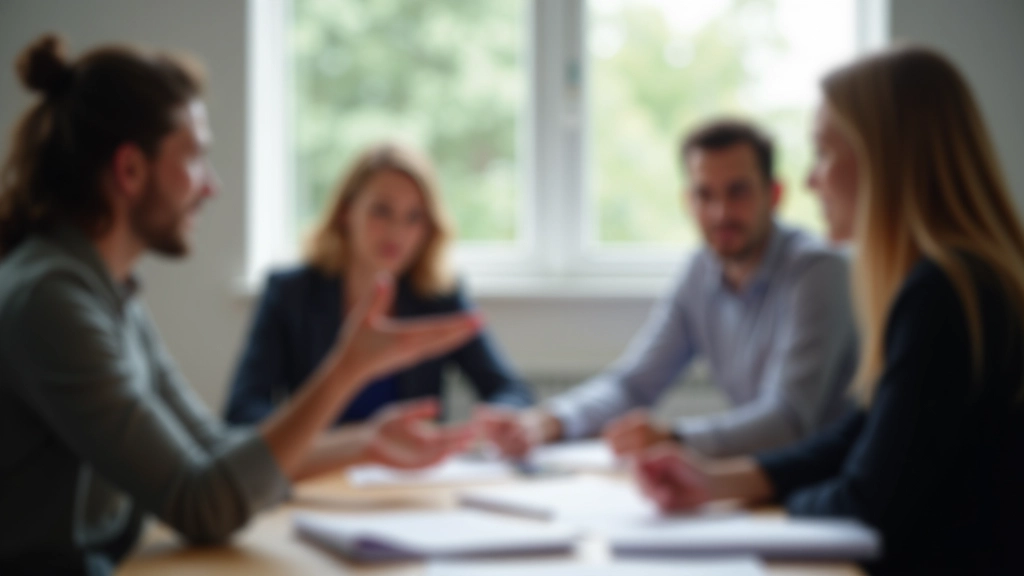 Kleine Gruppe in Team-Workshop, wo jemand offen eine Frage stellt und andere konzentriert zuhören